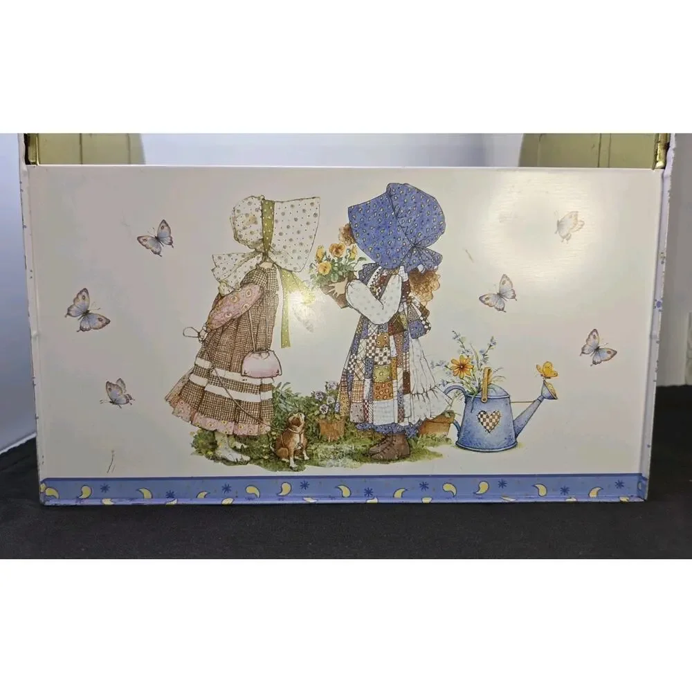 Vintage Holly Hobbie Metal Tin Storage Caddy Totes Wooden Handle 1970s Organizer